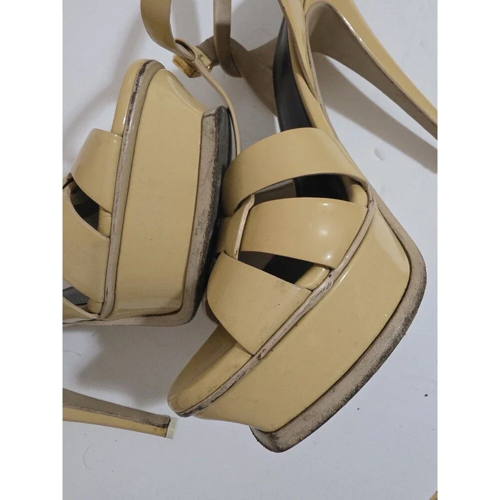 Saint Laurent YSL Tribute Platform Sandals – Nude Patent Leather – Size 37